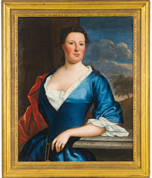Robert Feke (1707 - 1752) PORTRAIT OF MRS. TENCH FRANCIS In what appears to be the original frame; Bears a label on the back of the frame: Mr. Willing, Bryn Mawr. Painted circa 1746. Label on the back of the stretcher: Philadelphia Museum of Art, Robert Feke, Portrait of Mrs. Tench Francis, 11-1969-2. Lender: Mr. E. Shippen Willing, Jr. Oil on canvas 36 by 28 1/2 in. Sotheby's Sale N09456 Lot 1595