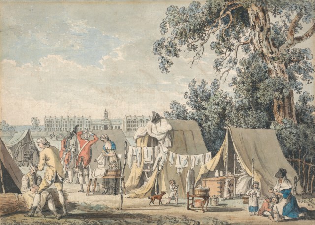 James Malton, 1761-1803, A Military Encampment in Hyde Park, 1785, Watercolor with pen in black ink, with traces of graphite on moderately thick, moderately textured, beige, laid paper, Yale Center for British Art, Paul Mellon Collection