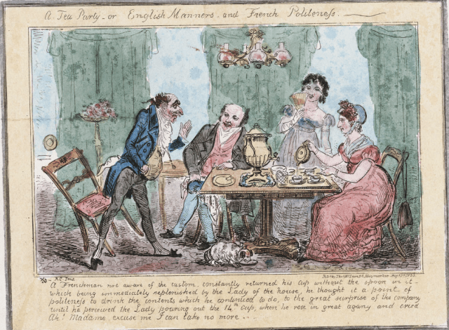 A tea party, or English manners and French politeness. Hand-colored etching on laid paper by Robert Cruikshank, 1835. Lewis Walpole Digital Library, 835.08.01.19