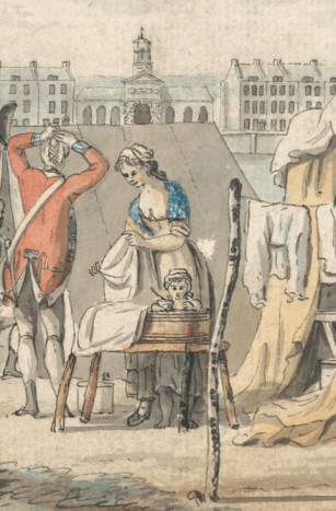 Detail, James Malton, 1761-1803, A Military Encampment in Hyde Park, 1785, Watercolor with pen in black ink, with traces of graphite on moderately thick, moderately textured, beige, laid paper, Yale Center for British Art, Paul Mellon Collection. B2001.2.999