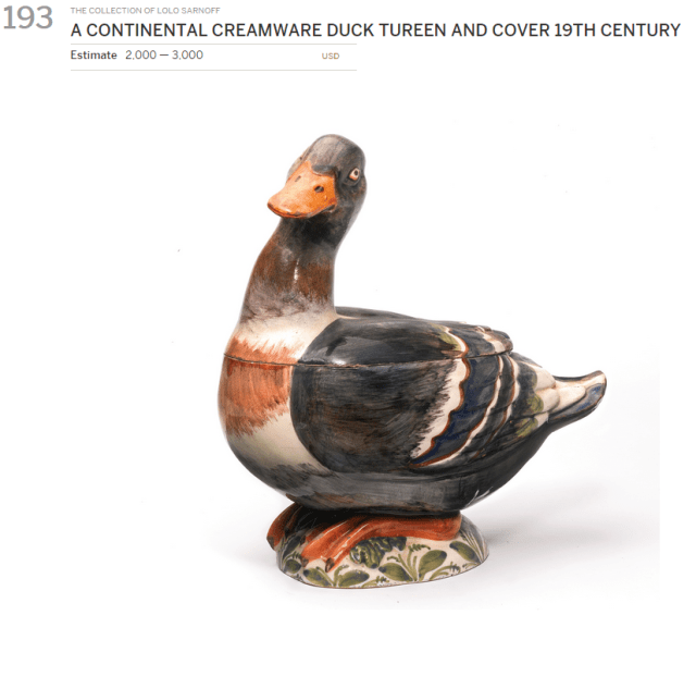 A Continental creamware duck tureen and cover.  Duck ways, no more hot soup, please.
