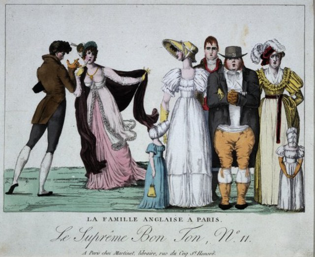 La famille Anglaise à Paris.Plate 11 to 'London und Paris', x, 1802 [1803]. Explanatory text, pp. 90-5. Copy of No. 11 in 'Le Suprême Bon Ton' series, see BMSat 9957. An English John Bull stands stolidly full face with clasped hands, a grown daughter on his right arm, his wife on his left arm. With them are two tiny little girls and a grown-up son, also stolid. A Frenchman and a lady attitudinize elegantly on the left. 1802 Hand-coloured etching. British Museum  1856,0712.605