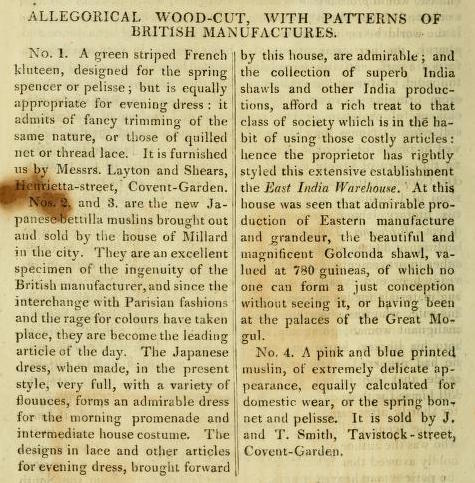 Caption, Allegorical Wood-Cut of British Manufactures. Ackermans's Repository of Arts, etc. Volume 13, May, 1815. page 298