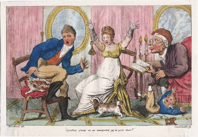 Squatting plump on an unsuspected cat in your chair!! George Cruikshank [1800]. Lewis Walpole Library, Image ID lwlpr09721 Call Number 800.00.00.176+